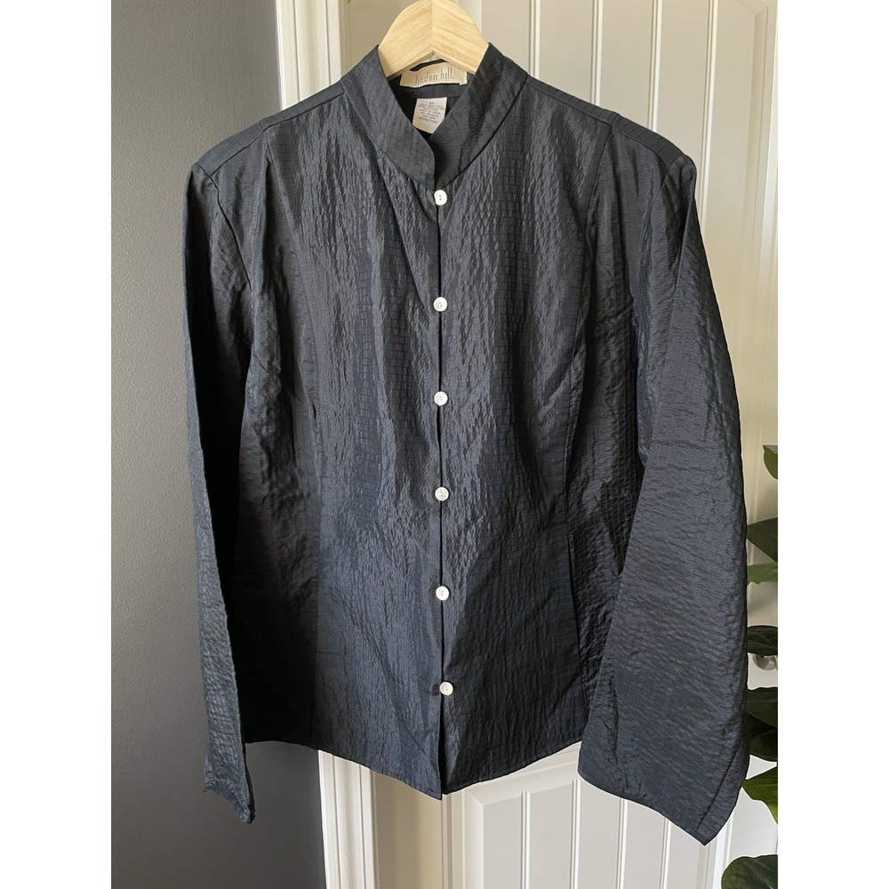 Linden Hill Black Silk Mandarin Collar Blouse Jacket Textured Plisse Top Sz M